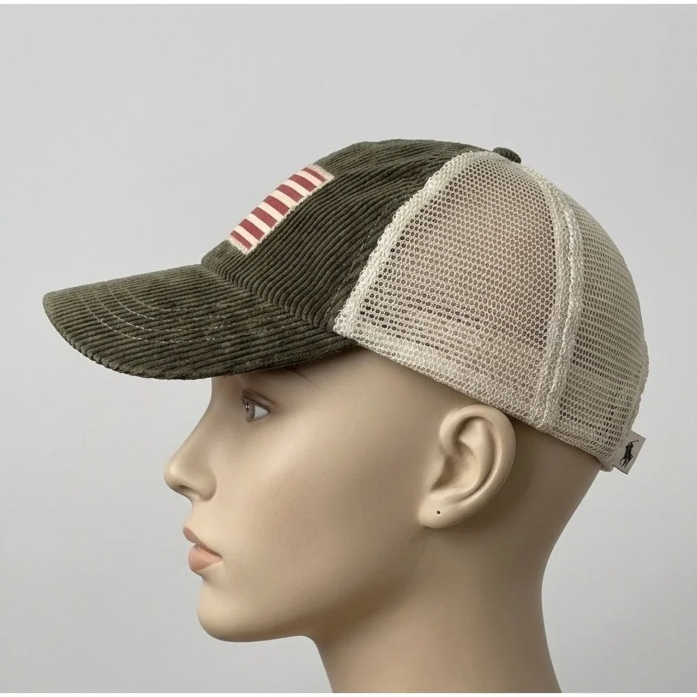 Polo Ralph Lauren USA Flag Trucker Hat Olive Corduroy Cream Mesh Cap Strapback